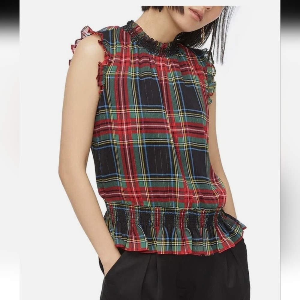 Plaid Ruffle Trim Sleeveless Top
